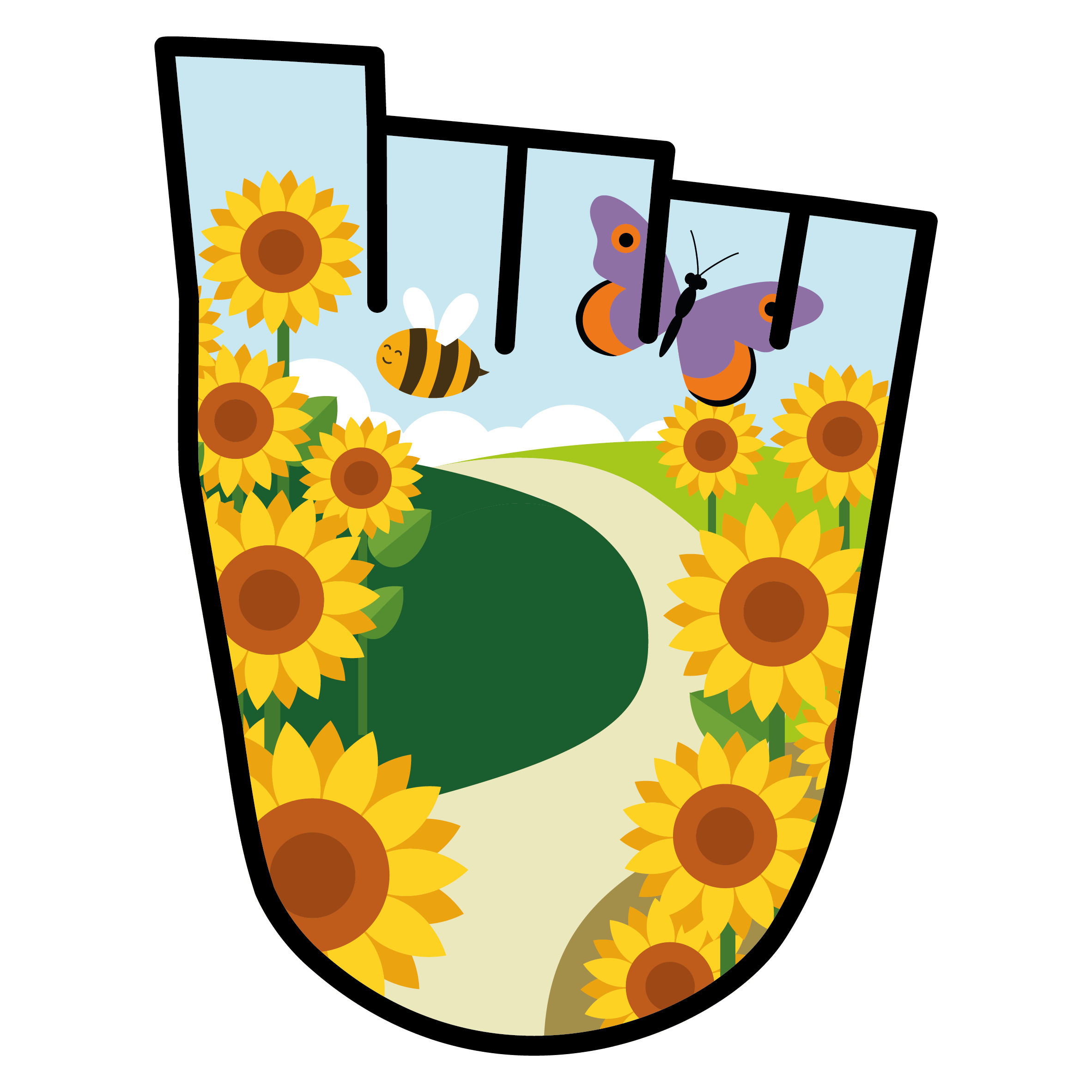 WOW Badge featuring a path surrounded by yellow sunflowers with a bee and butterfly