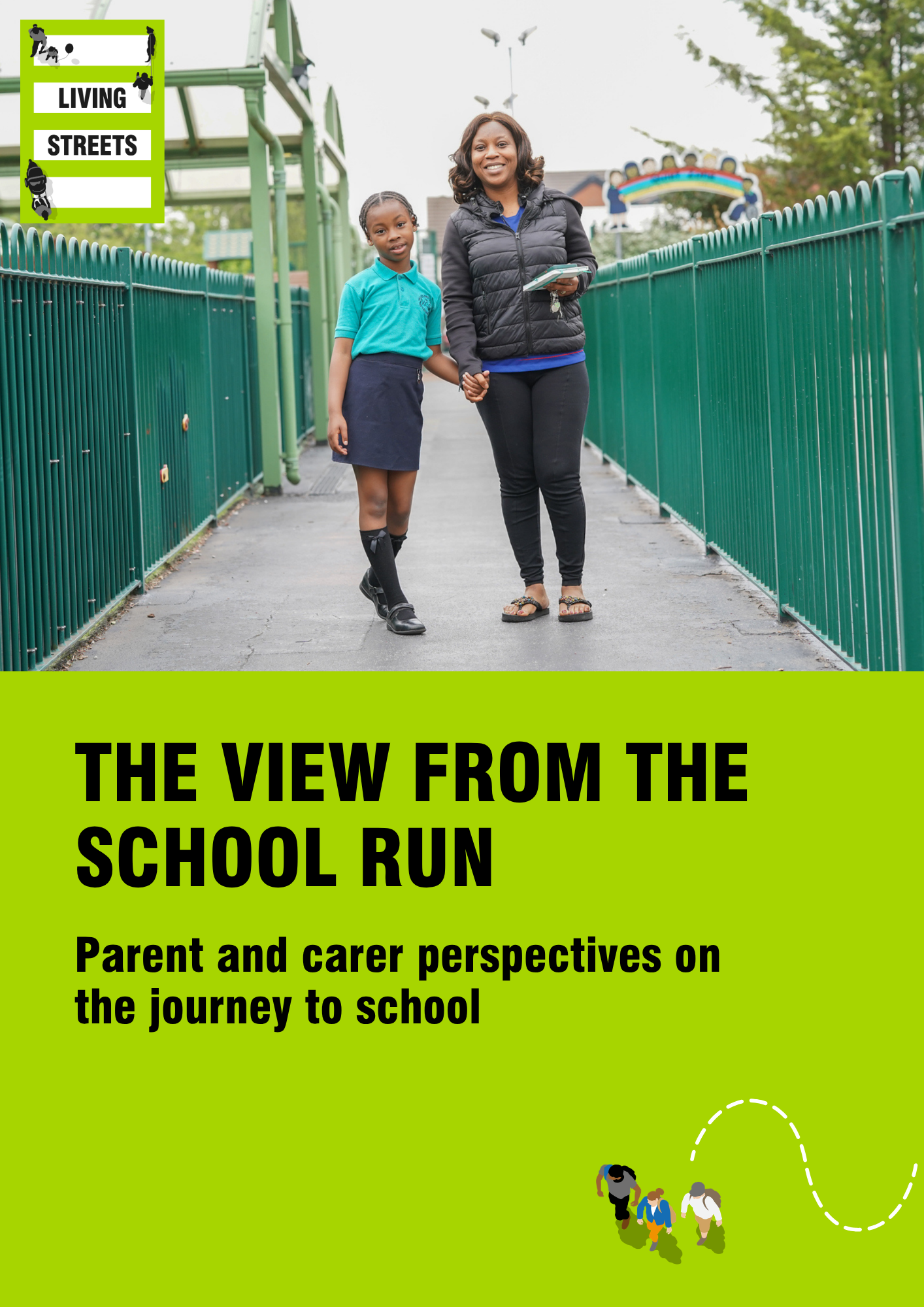 The front cover of The View from the School Run showing a mum and her child on the school run