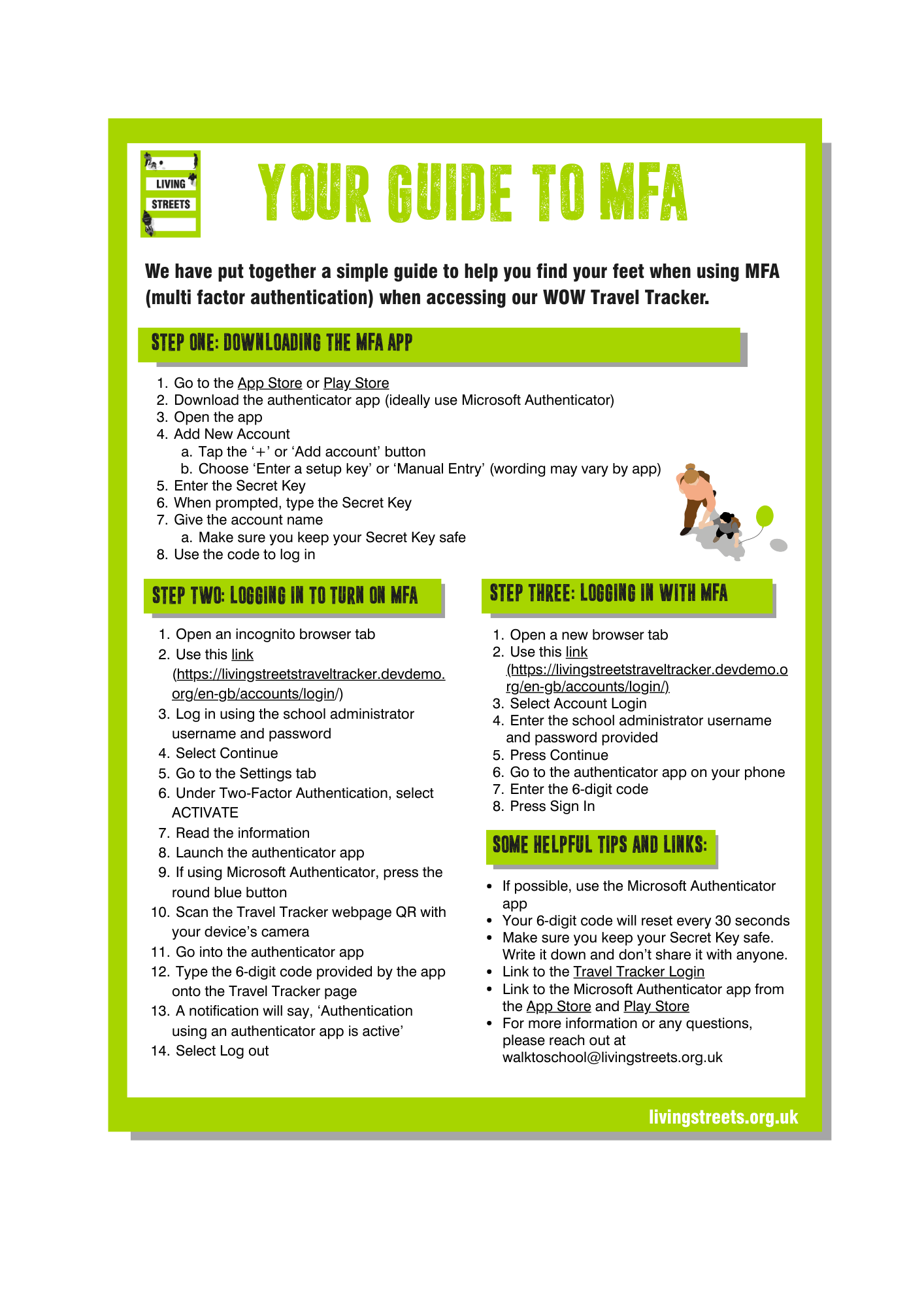A green and white poster explaining how to use MFA authentication on the Travel Tracker website.