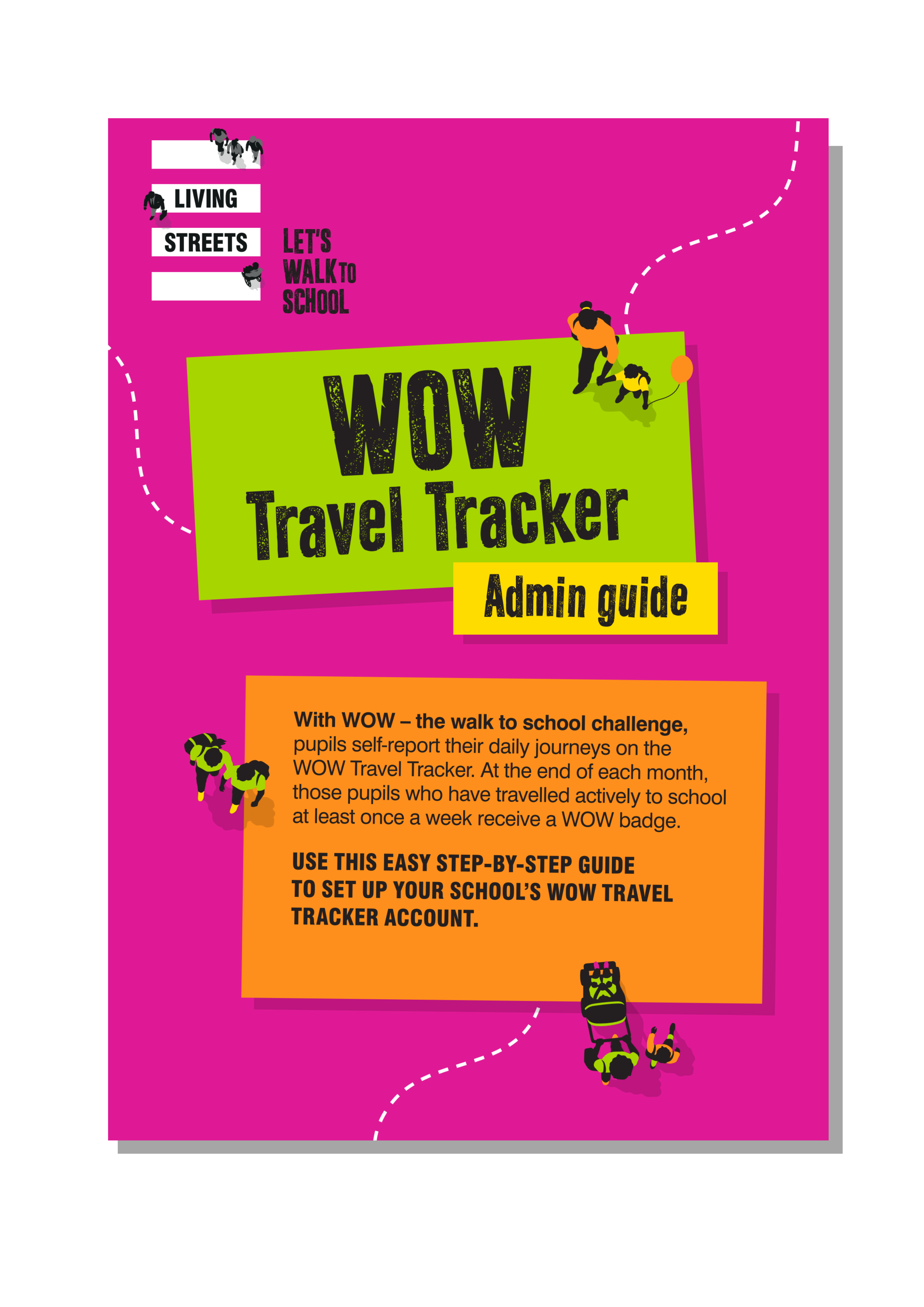 A pink poster with green and orange text boxes. The heading reads: 'WOW Travel Tracker Admin Guide'