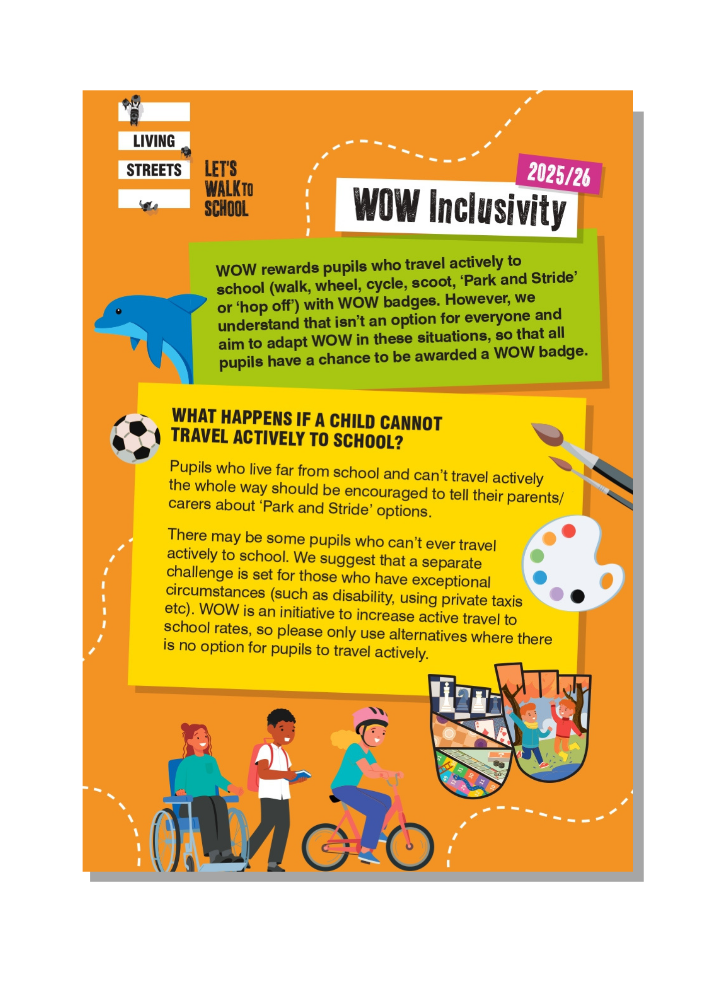 An orange poster with green and yellow textboxes detailing Living Streets' WOW Inclusivity policy