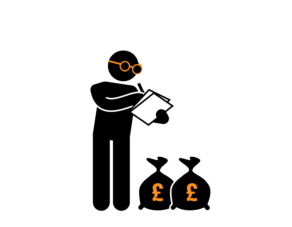 a man wearing glasses holding clipboard with two sacks of money next to him