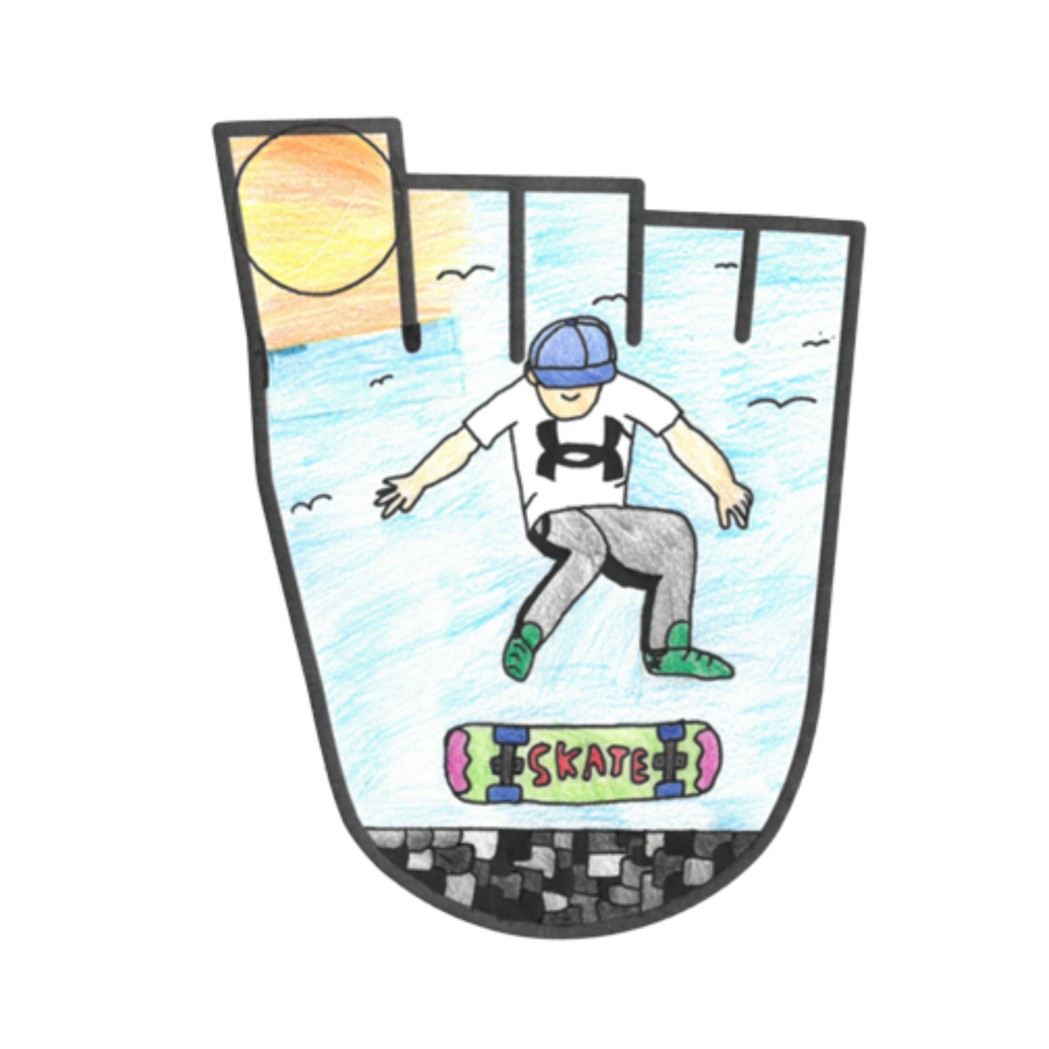 A child's drawing of a skateboarder