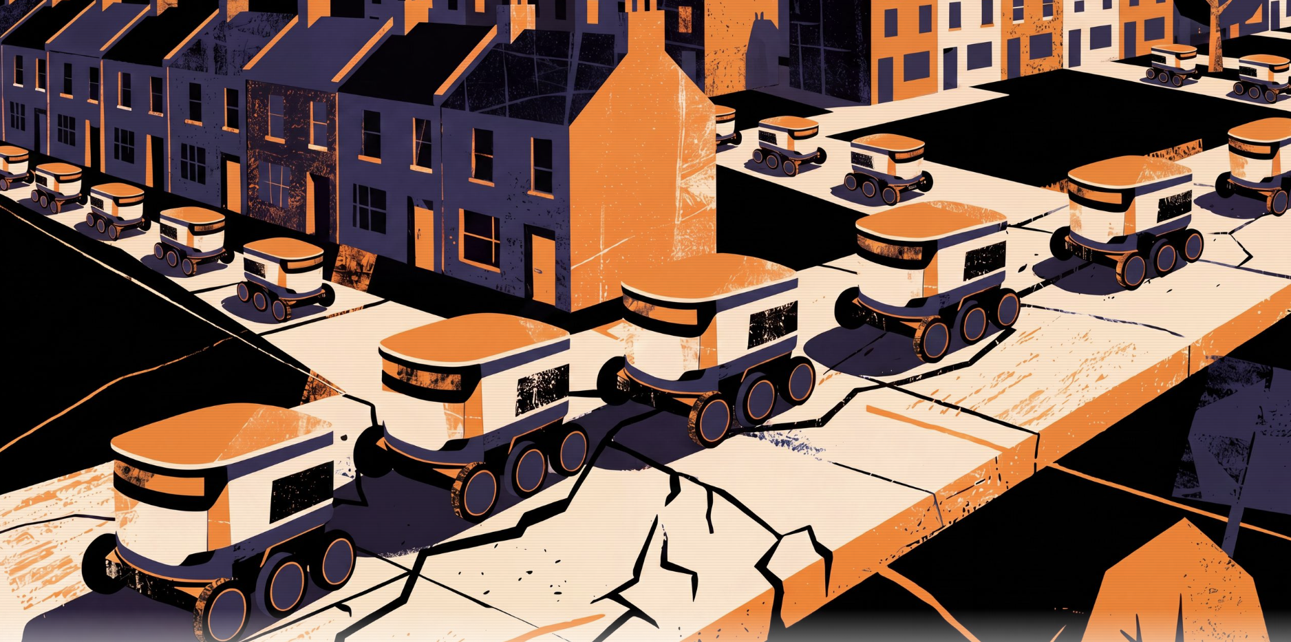 A cartoon of a number of delivery robots operating on cracked pavements