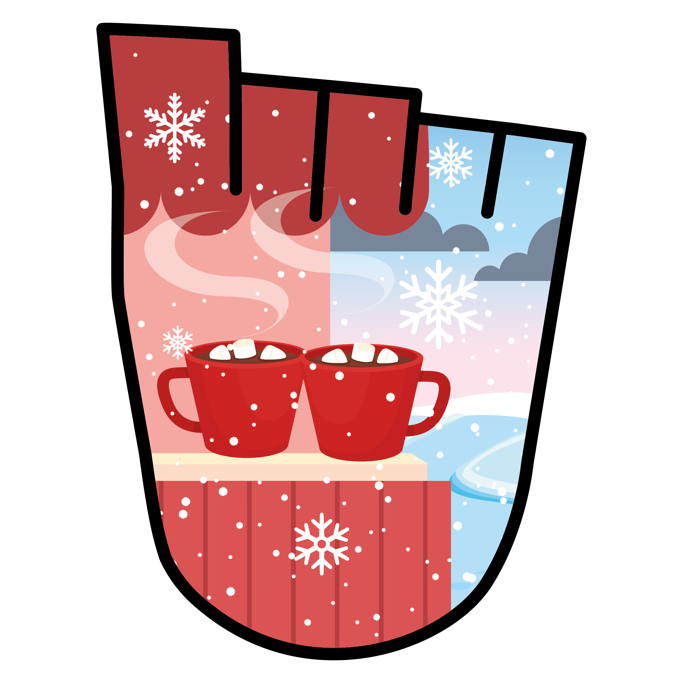 WOW Badge featuring two cups of hot chocolate in the snow