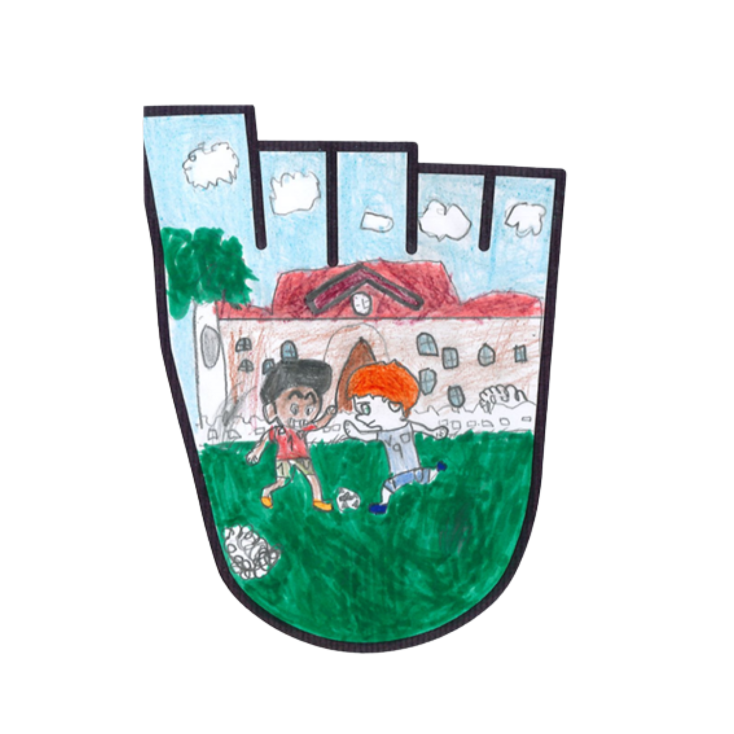 A CHILD'S DRAWING OF TWO CHILDREN PLAYING FOOTBALL