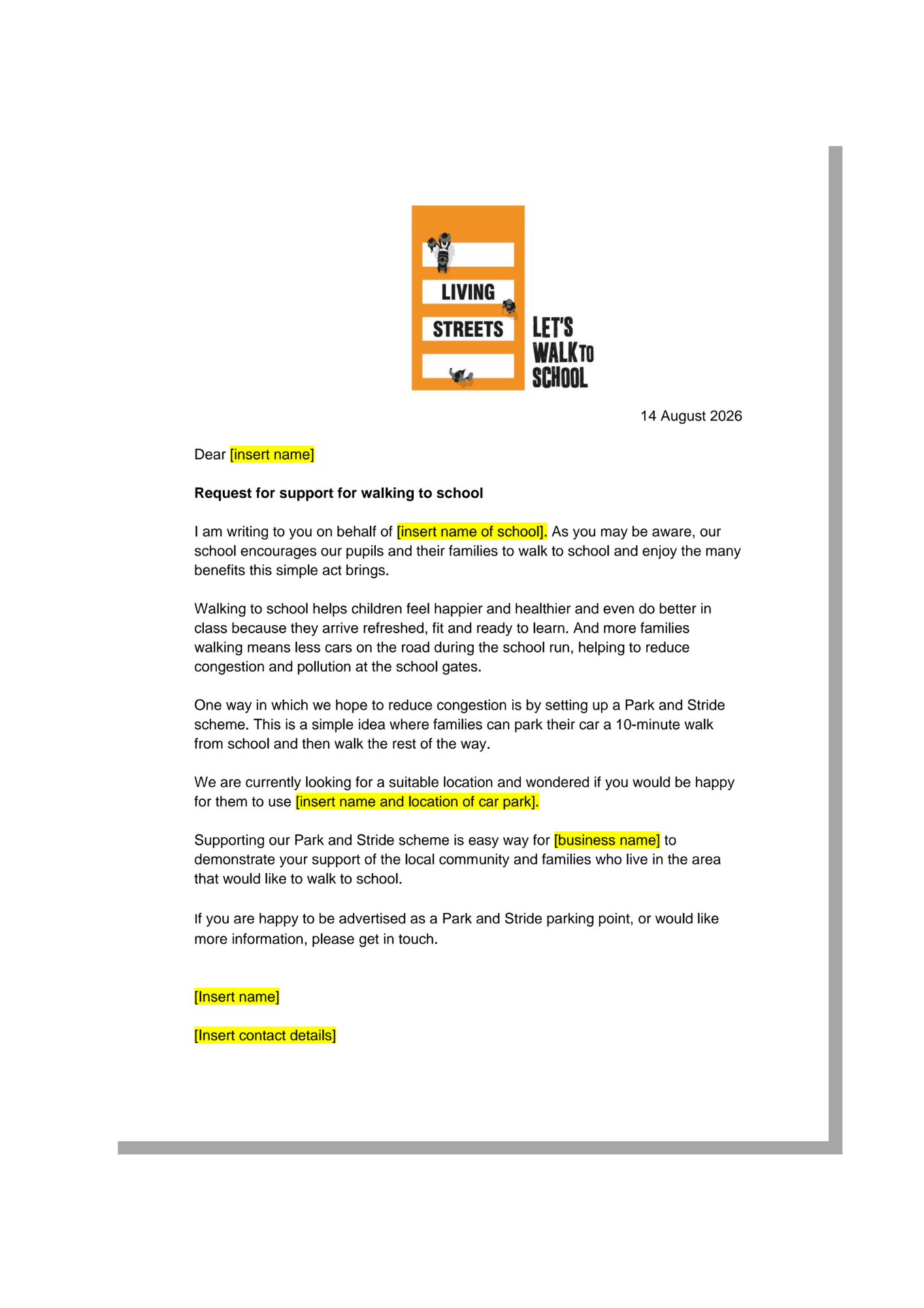 A letter with an orange Living Streets logo requesting the use of Park and Stride.