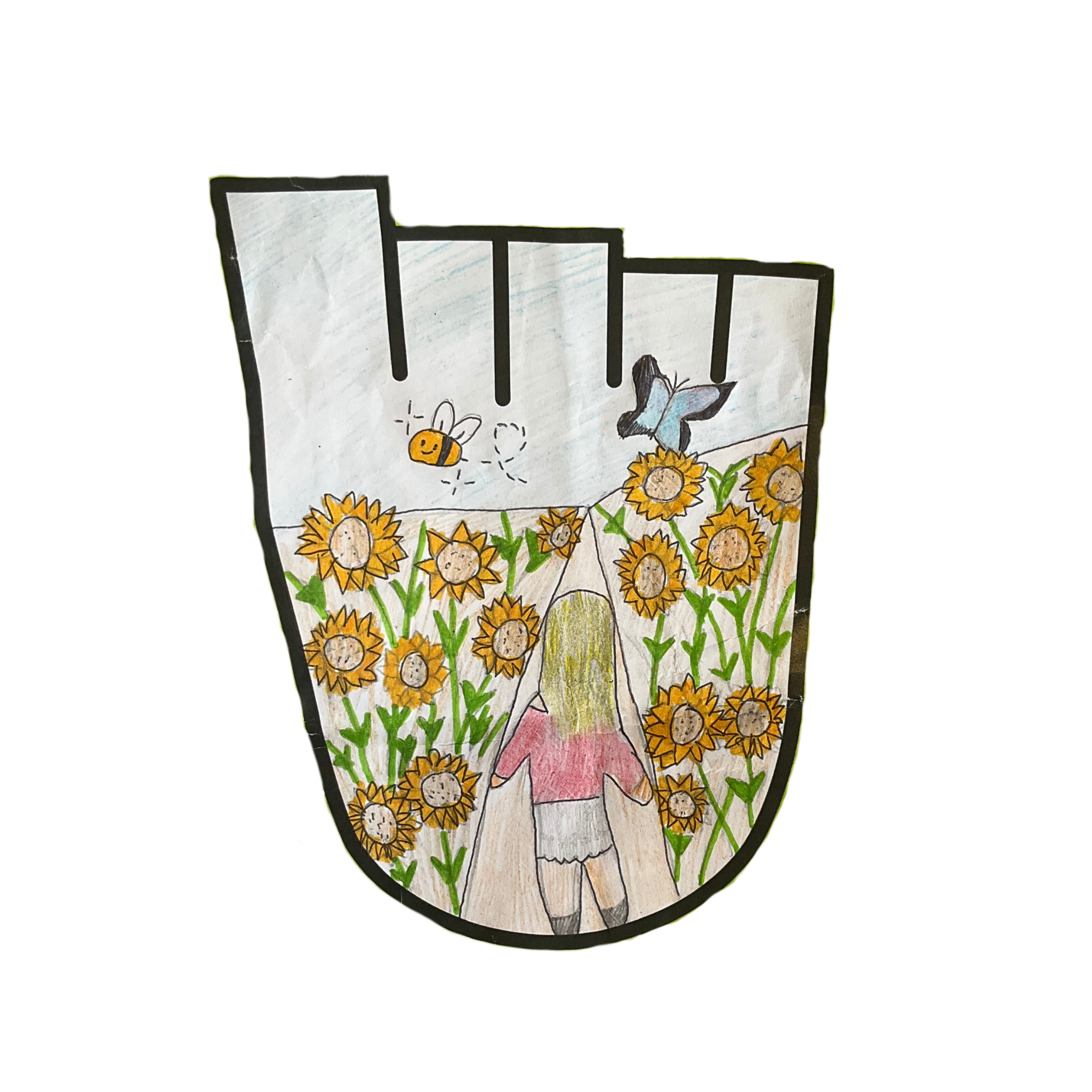 WOW badge design featuring a blonde-haired girl walking down a road filled with sunflowers