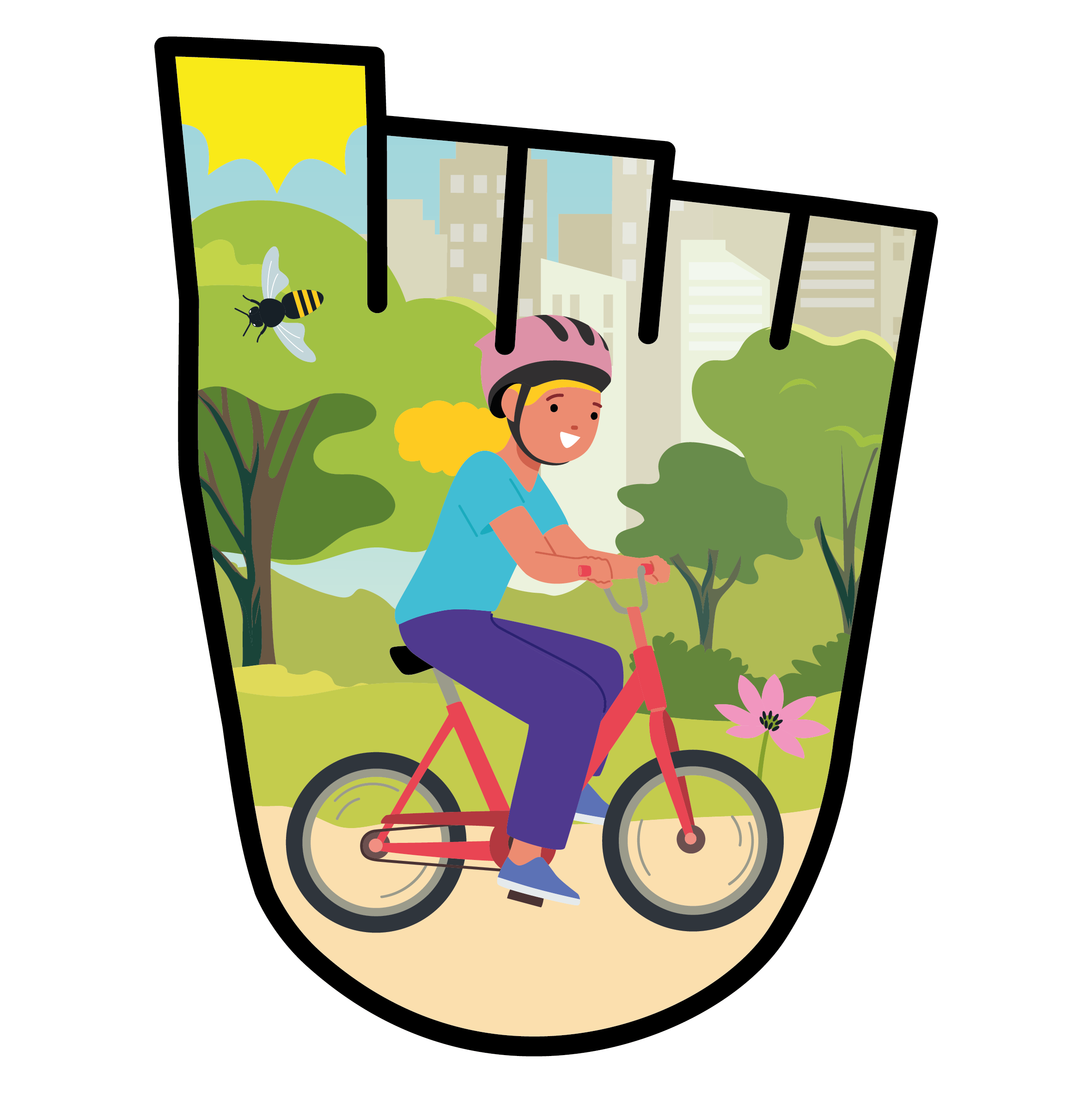 A WOW Badge featuring a young cyclist biking through a green space.