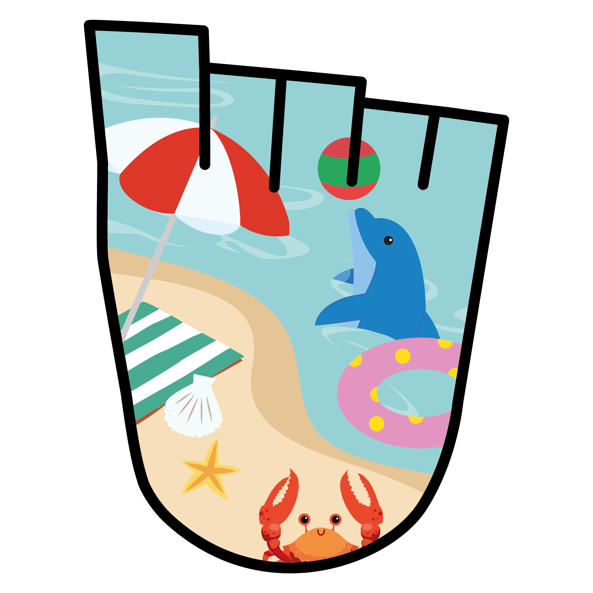 A WOW Badge featuring a beach scene, including a dolphin playing with a ball, a crab, and a beach town under a parasol.