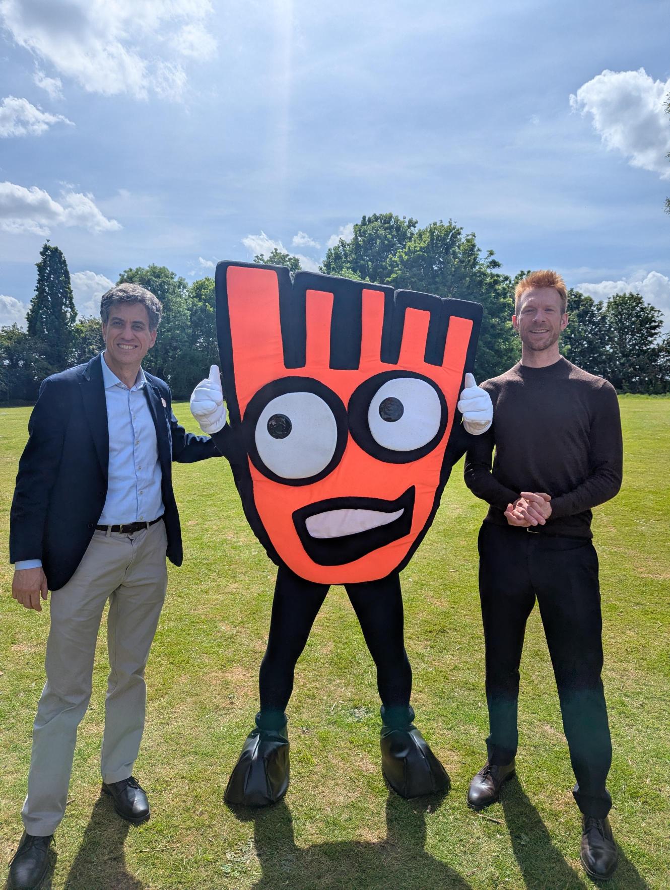 Ed Miliband and Ed Clancy with Living Streets' mascot, Strider