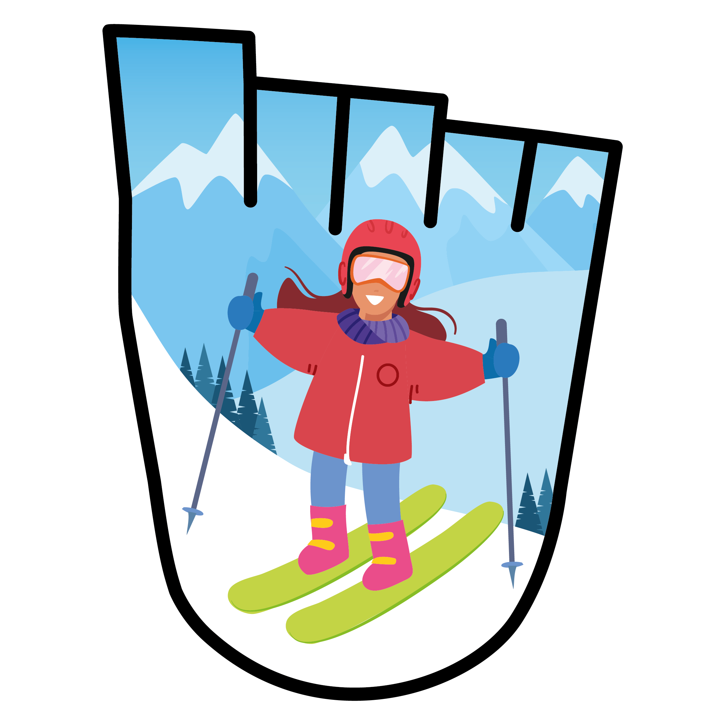 A WOW Badge featuring a young girl skiing on the snowy mountains.