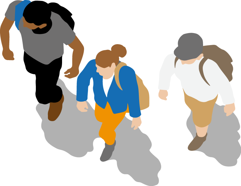 A graphic of three people walking