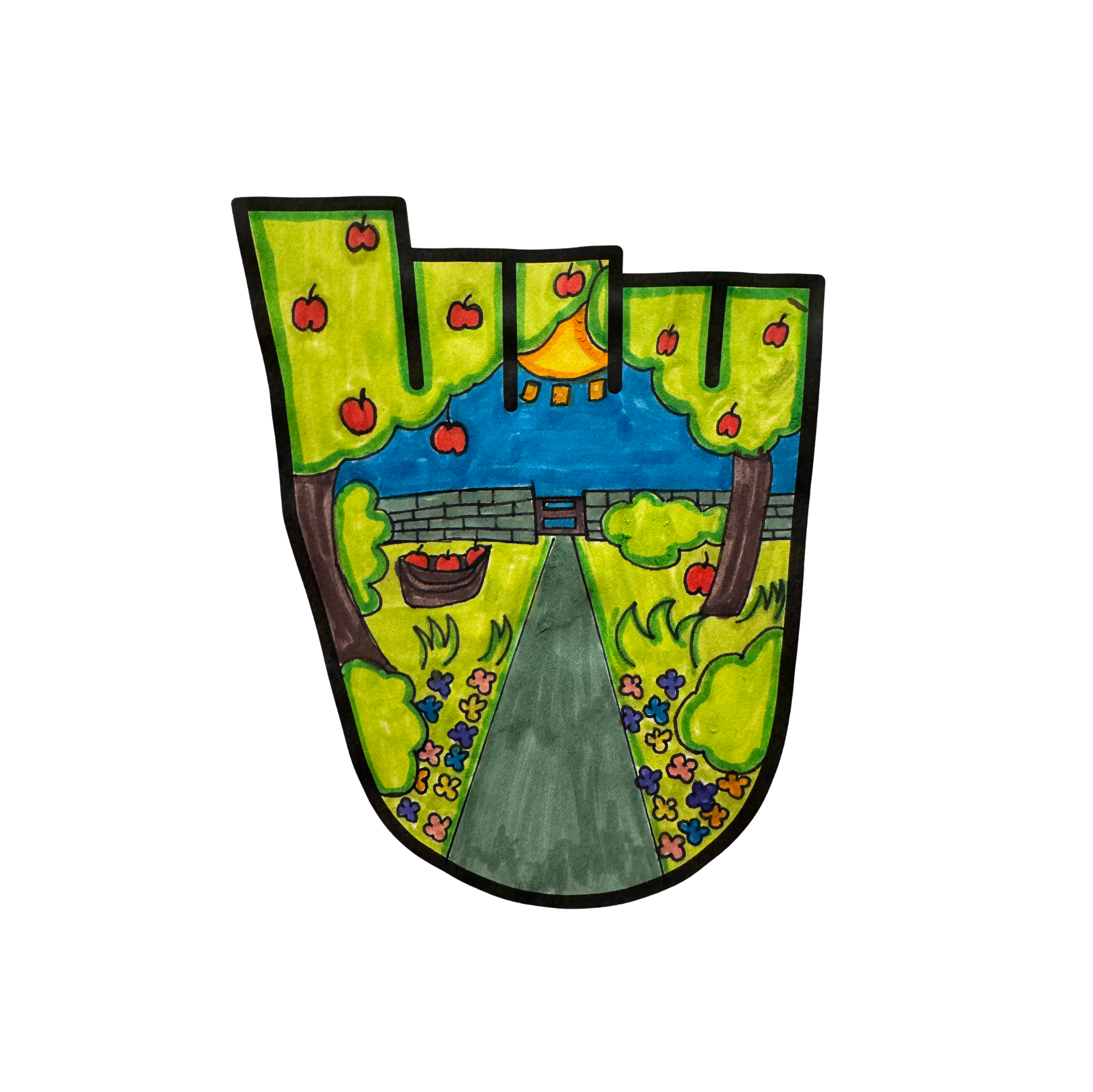 WOW badge design featuring an apple orchard with apples hanging from trees